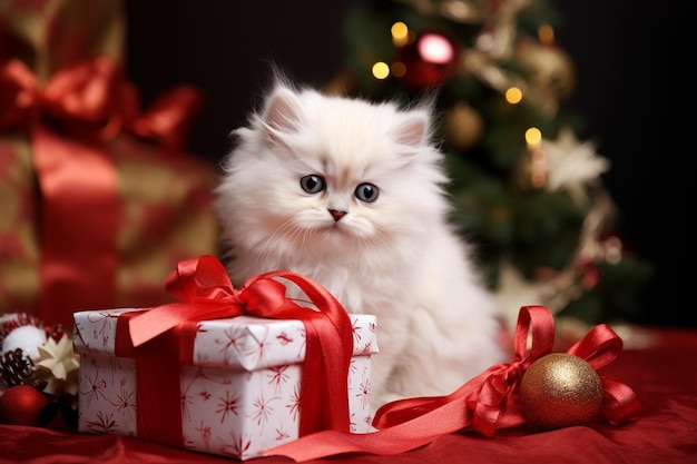 Chaton blanc sur un cadeau de Noël