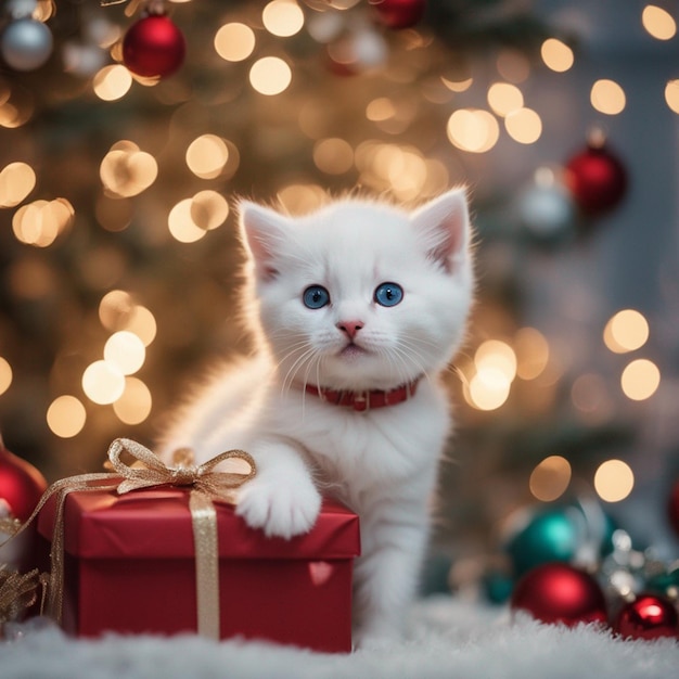 un chaton blanc sur un cadeau de Noël