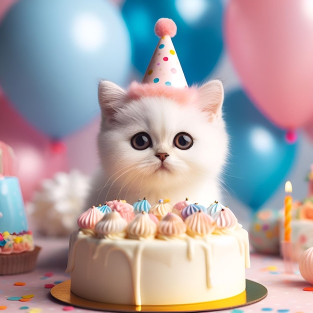 Photo un chaton blanc avec un gâteau pour fêter son anniversaire.