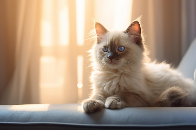 Un chaton blanc et moelleux aux yeux bleus