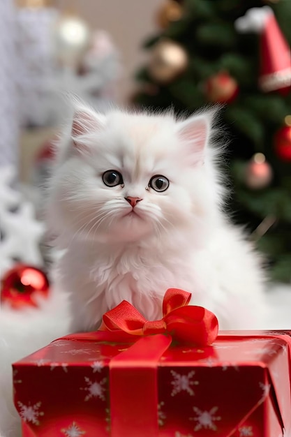 Un chaton blanc et moelleux avec une boîte à cadeaux rouge et un arbre de Noël en arrière-plan