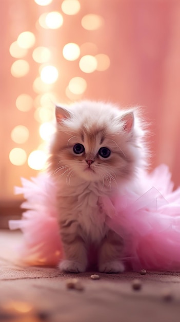 Un chaton blanc moelleux dans un tutu rose.