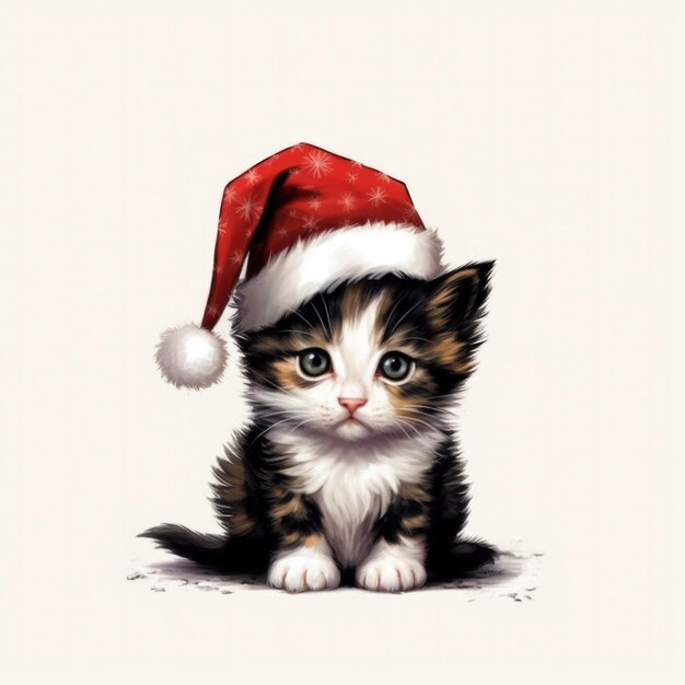 Chaton Bobtail japonais portant un chapeau de Père Noël