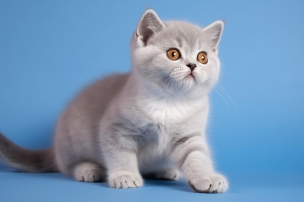 Chaton British Shorthair de couleur argent sur fond bleu et gris