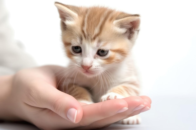 Chaton caressant la main sur fond blanc IA générative