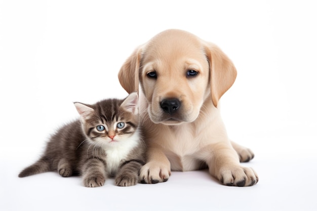 Chaton et chiot sur fond blanc