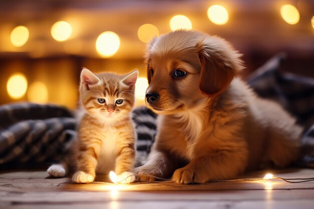 Photo un chaton et un chiot générés par l'ia sur le lit et les lumières défocalisées