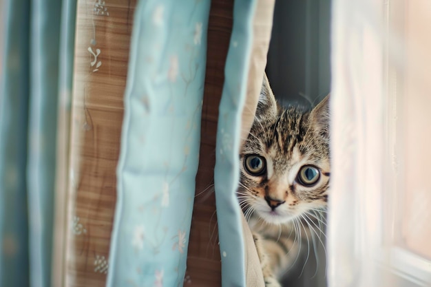 Un chaton curieux qui regarde derrière le rideau