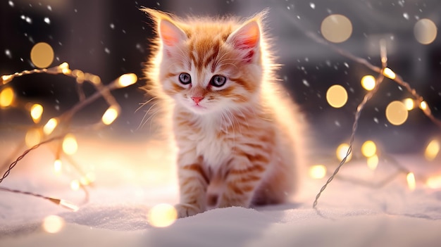 Un chaton dans la neige entouré de lumières scintillantes dorées de guirlandes