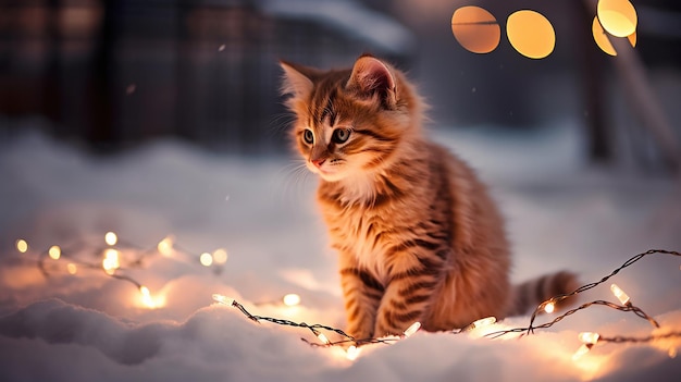 Un chaton dans la neige entouré de lumières scintillantes dorées de guirlandes
