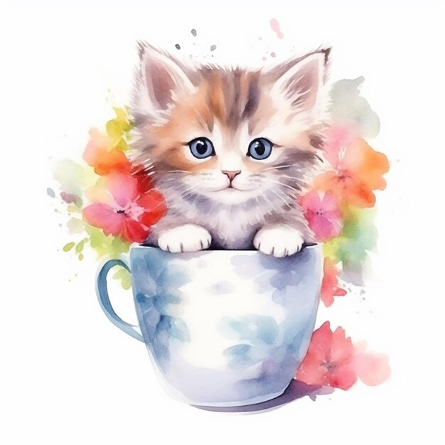 Un chaton dans une tasse d'aquarelle