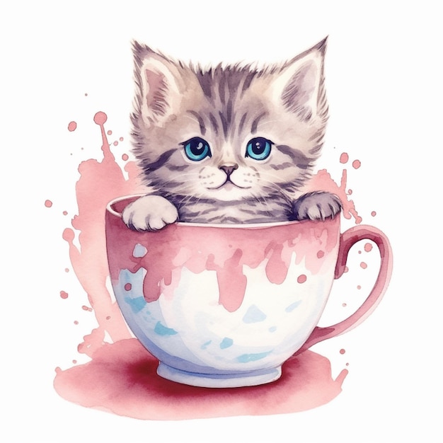 Un chaton dans une tasse d'eau avec un fond rose.