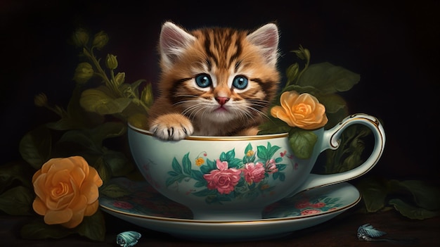Un chaton dans une tasse de thé avec des roses sur le fond.