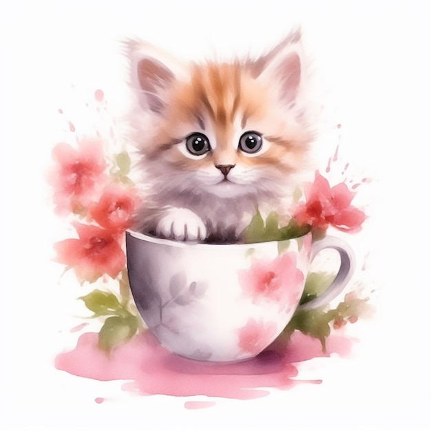 Un chaton dans une tasse de thé