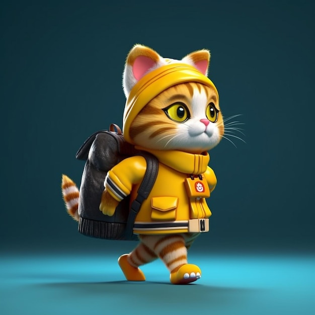 Un chaton de dessin animé 3D portant un bandana jaune se promène dans la rue avec un sac à dos sur son sac