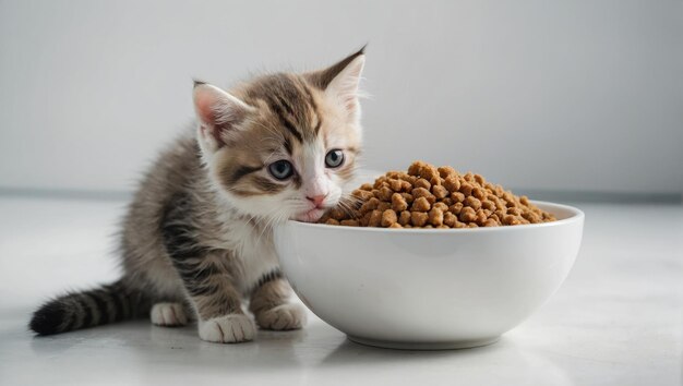 Un chaton domestique heureux mangeant de la nourriture pour chaton d'une assiette blanche Santé et nutrition des animaux de compagnie