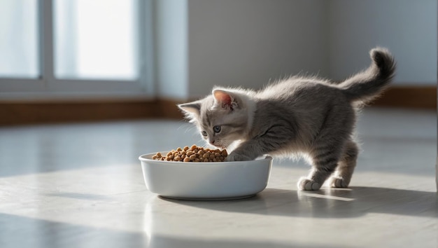 Un chaton domestique heureux mangeant de la nourriture pour chaton d'une assiette blanche Santé et nutrition des animaux de compagnie