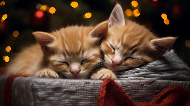 Le chaton dort sur une boîte bleue de Noël.