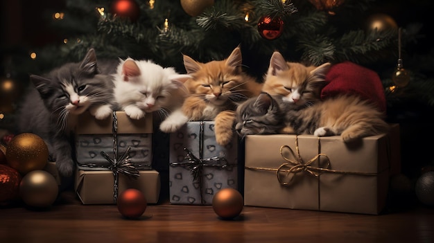 Le chaton dort sur une boîte bleue de Noël.