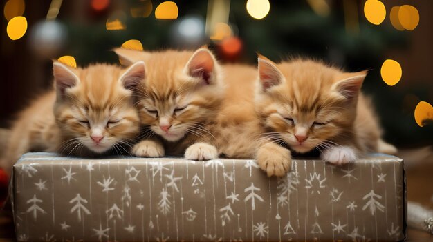 Le chaton dort sur une boîte bleue de Noël.