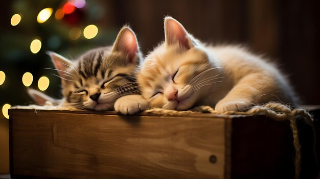 Le chaton dort sur une boîte bleue de Noël.