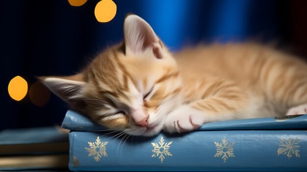 Photo le chaton dort sur une boîte de noël.