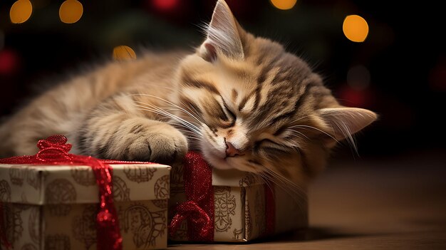 Photo le chaton dort sur une boîte de noël.