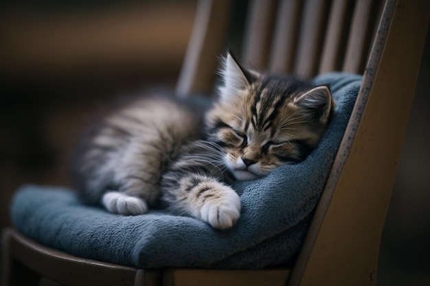 Un chaton dort sur une chaise avec une couverture bleue