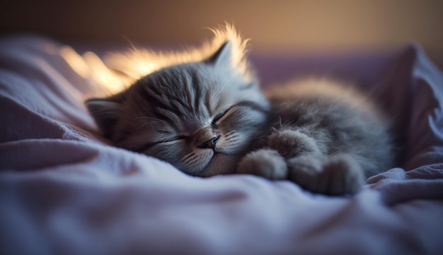 Un chaton dort sur un lit avec une couverture rose.