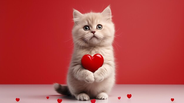 Chaton drôle avec un cœur rouge sur fond rouge Concept de la fête de la Saint-Valentin AI générative