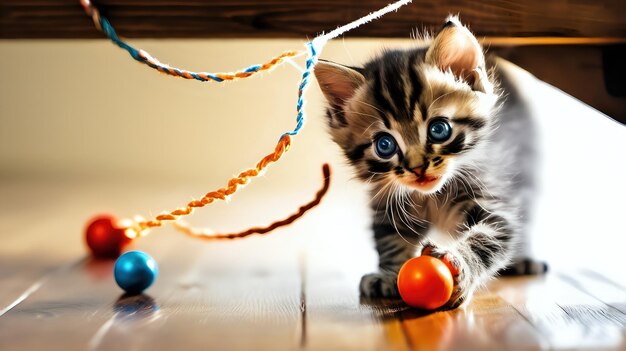 Un chaton enjoué battant une corde pendue du bord d'une table en bois