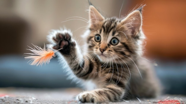 Photo un chaton enjoué battant un jouet à plumes ses yeux brillant de curiosité et de méchanceté dans un délicieux jeu de jeu