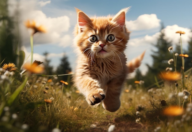 Un chaton enjoué sautant dans un champ au coucher du soleil. Vue rapprochée de la joie et de la beauté du chat dans la nature.