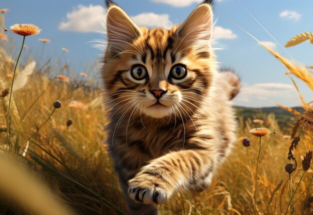 Un chaton enjoué sautant dans un champ au coucher du soleil. Vue rapprochée de la joie et de la beauté du chat dans la nature.