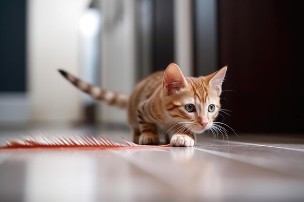 Chaton espiègle chassant la plume sur le sol créé avec une IA générative