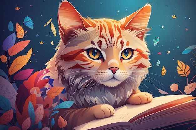 Un chaton est allongé sur un livre avec des feuilles à proximité.