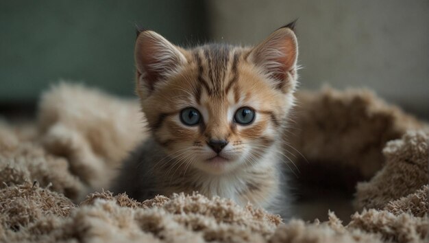 un chaton est allongé sur un tapis avec un œil vert