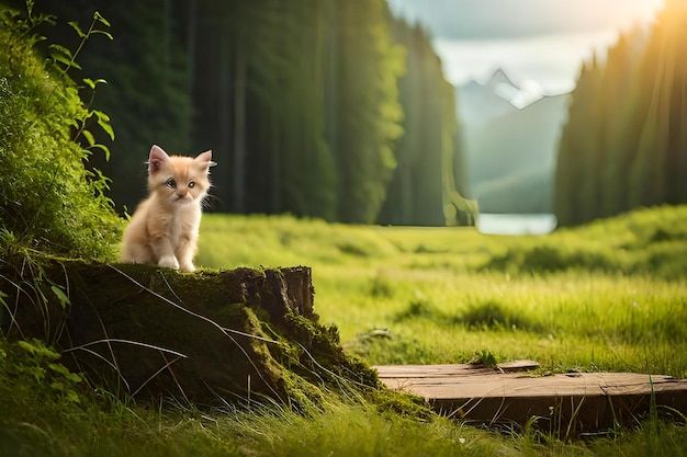 Un chaton est assis sur une bûche dans l'herbe.