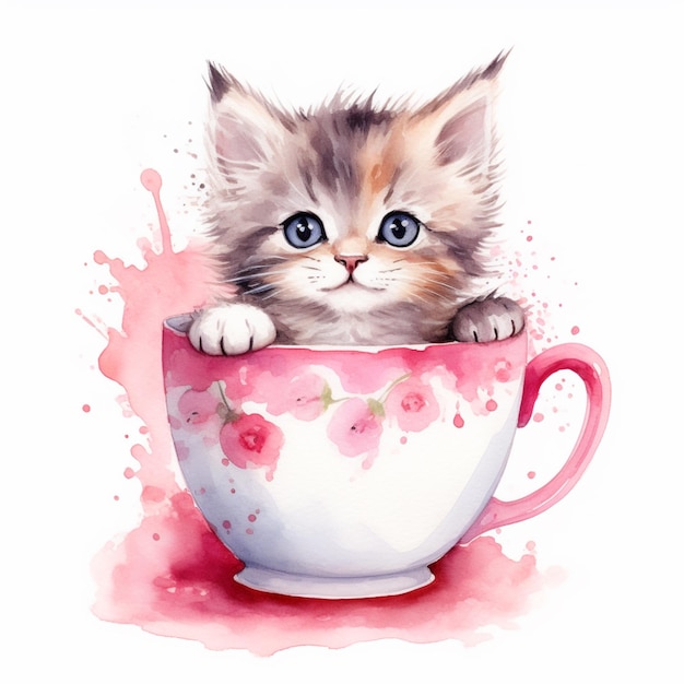 Un chaton est assis dans une tasse qui dit "chat" sur le devant.