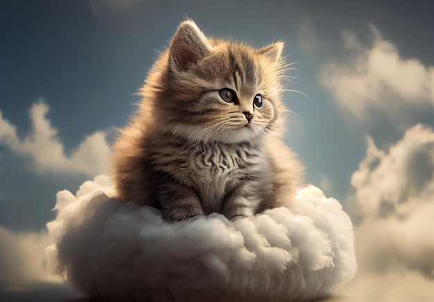 Le chaton est assis sur un nuage dans le ciel