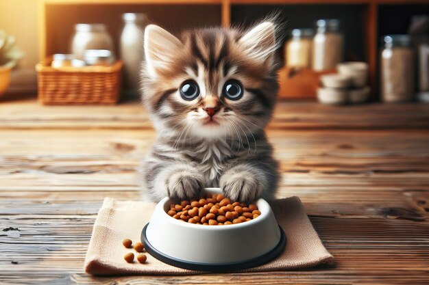 Un chaton est assis sur la table avec un bol de nourriture devant lui.