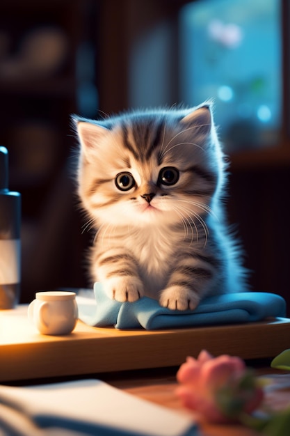 Un chaton est assis sur une table avec une tasse de thé.