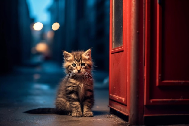 Un chaton est assis sur un trottoir dans le noir.