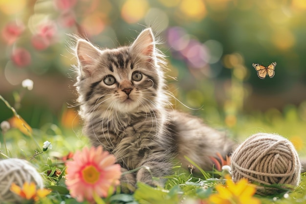 Un chaton est couché dans un champ de fleurs et un papillon vole à proximité la scène est paisible et