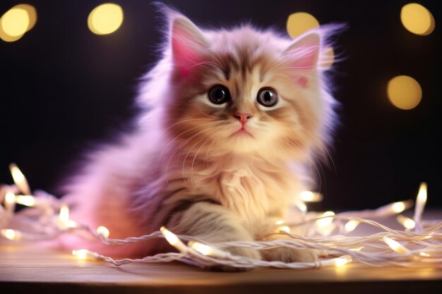 Un chaton est entouré de la lueur enchanteuse des guirlandes.