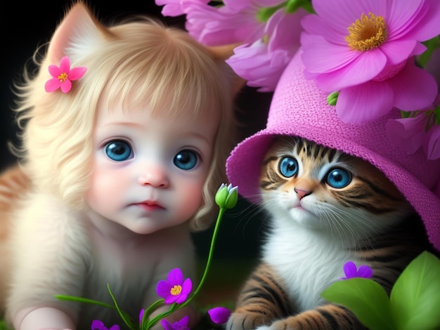 Un chaton et une fille avec un chapeau rose