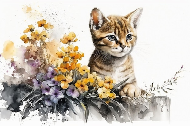 Un chaton avec des fleurs devant lui