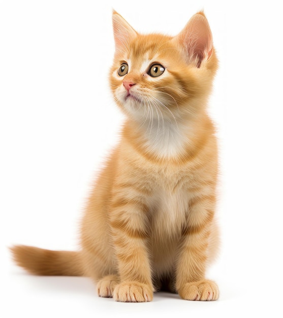 Un chaton avec un fond blanc et une queue rouge.