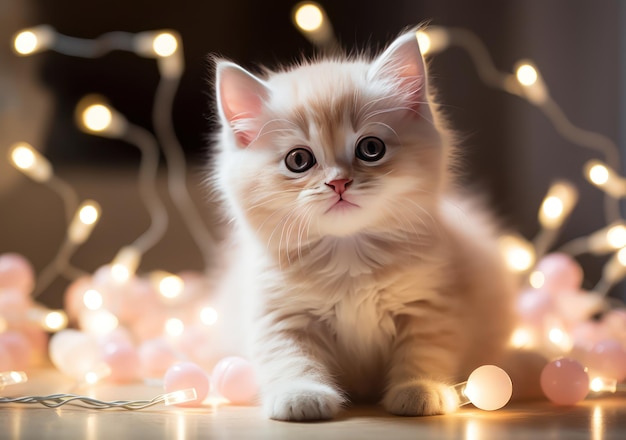 Un chaton sur un fond de guirlandes de Noël et de bokeh