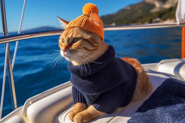 Chaton gingembre assis à bord du yacht Generative AI